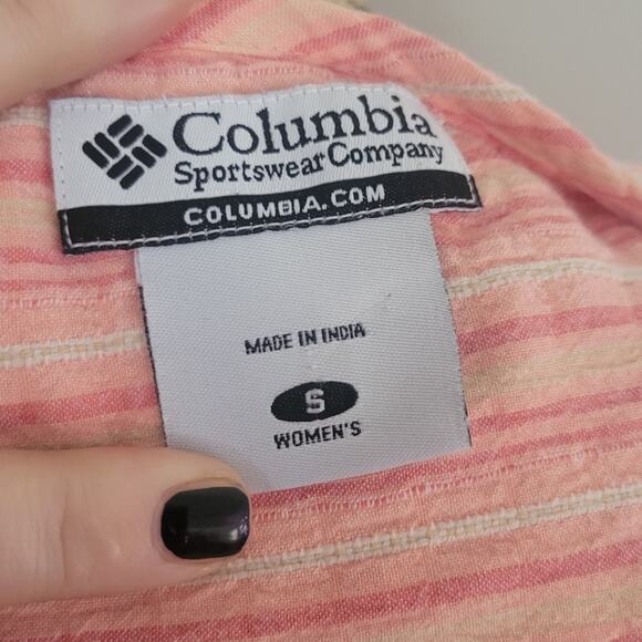 Small Columbia v-neck short sleeve bib bouse, pink and peach stripes - Picture 3 of 4